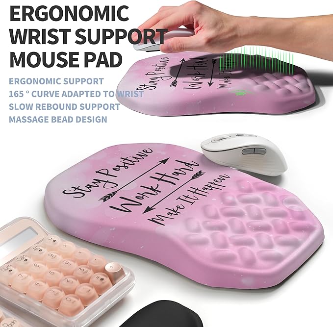 Gleamtide 2-in-1 Ergonomic Set, Wave Keyboard Wrist Rest and Massage Slope Mouse Pad Wrist Support, Rebound Memory Foam for Relieve Carpal Tunnel Syndrome and Wrist Pain (Stay Positive)