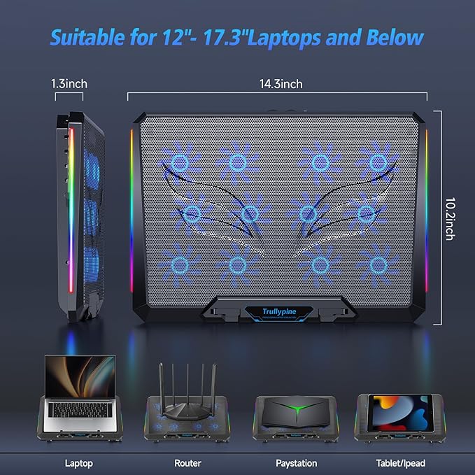 Trullypine Laptop Cooling Pad with 12 Quiet Fans, Slim Portable for 12-17.3 Inch Laptop Cooler Stand with 5 Height Adjustable, Ergonomic Gaming Cooling Fan Pad with Two USB Ports & Phone Holder (Gear)