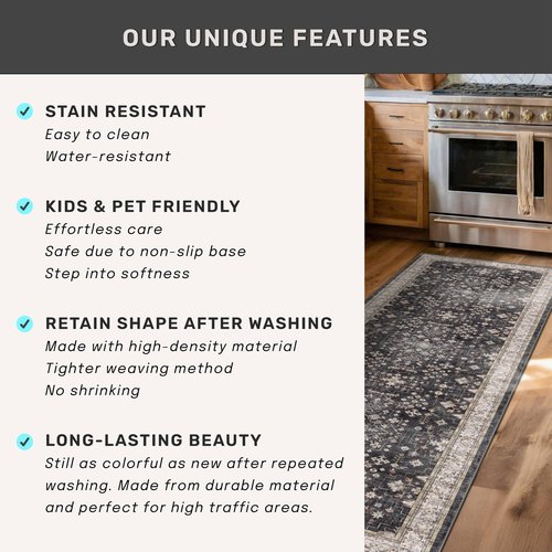 Boho Black Rug for Living Room - Washable 10x12 Area Rug, Dining Room Rugs for Under Table, Soft Low Pile Carpet for Bedroom - Farmhouse Decor, Non-Slip & Stain Resistance