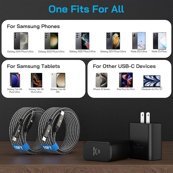 45W Super Fast Charger USB C, 45 Watt Type-C Android Phone Charger Fast Charging Block with 10FT Type C Cords for Samsung Galaxy S26 Ultra/S25 Ultra/S24 Ultra/S24+/S23 Ultra/S22 Plus, Tab S9/S8 Ultra