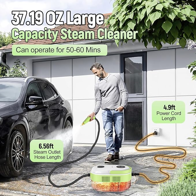 2500W Car Steam Cleaner for Home & Car, 10s Fast Heat Steamer for Cleaning, 6-Level Steam Control, Pressurized Handheld Steam Cleaner with 37.19OZ Large Tank for Furniture, Grout, Tile & Floor(Green)