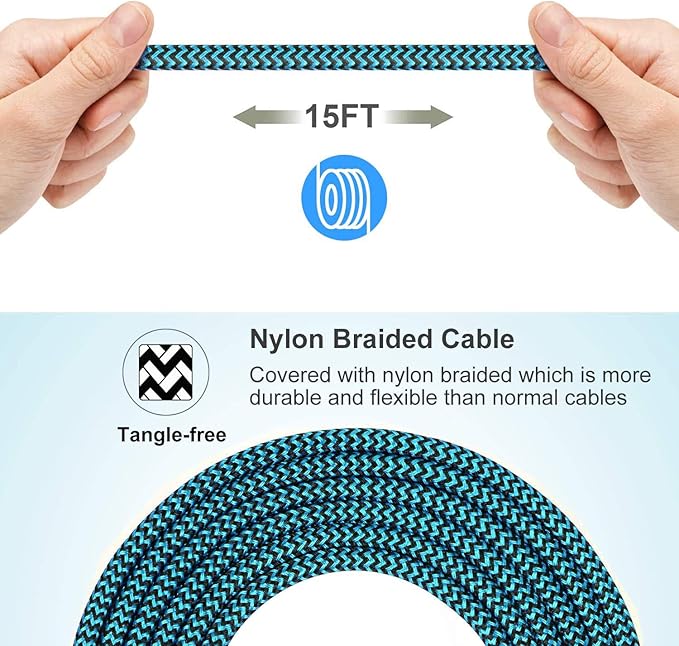 Micro USB Cable 15ft with 3A Fast Charging, Extra Long and Extremely Durable Nylon Braided Charger Cord for Galaxy S7/S6/J8/J7 Note 5,Kindle,LG,PS4,Camera,Xbox One and More (Black)