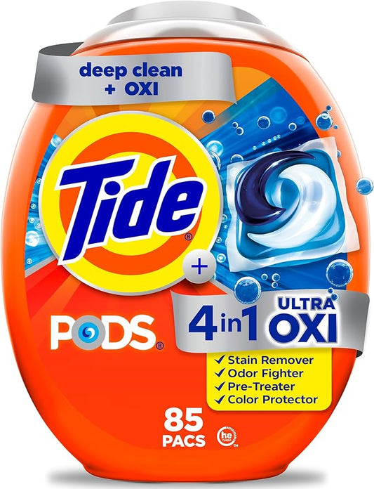 Tide 4-in-1 Ultra Oxi PODS Laundry Detergent Pacs, 85 Count, HE Compatible, Built in Pre-treater for Stains