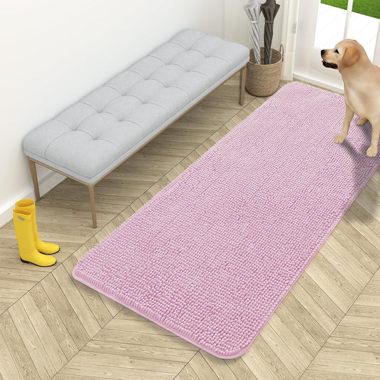 OLANLY Dog Door Mat - Absorbent Non-Slip Chenille Mat for Muddy Paws | 54x24, Quick Dry, Dusty Rose