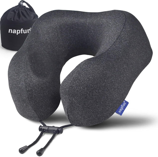 Napfun Neck Pillow - Upgraded 100% Pure Memory Foam Travel Pillow for Airplane | Portable Black Headrest