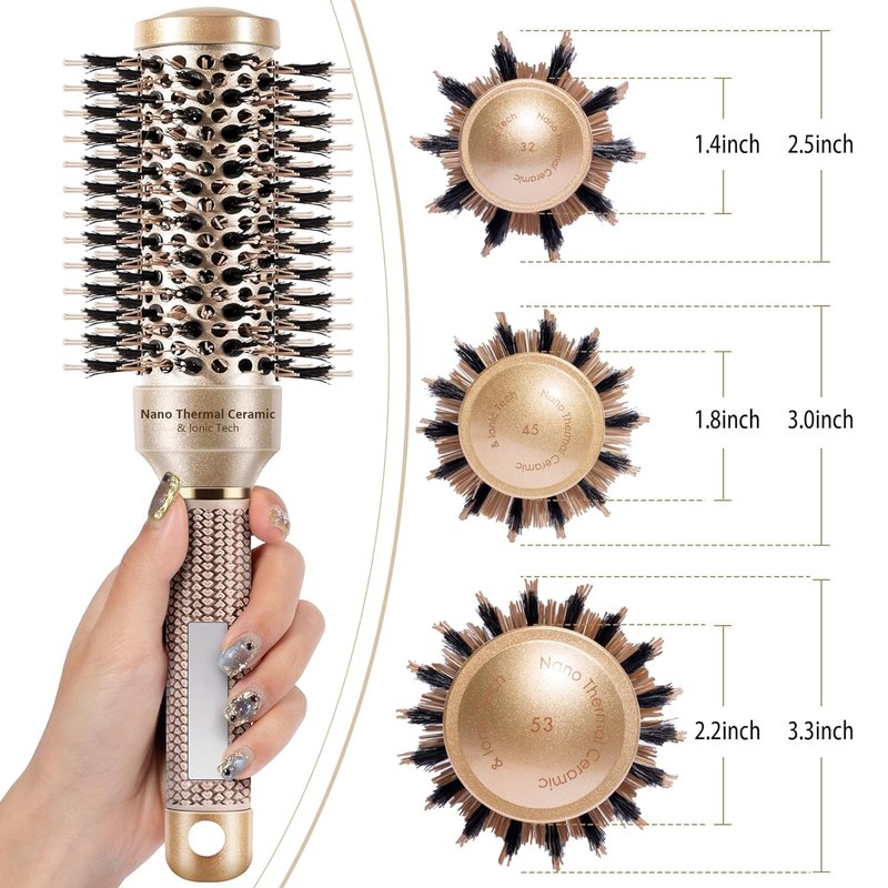 SIMPOR Round Hair Brush - Nano Thermal Ceramic & Ionic Tech | 1.3 Inch Gold Boar Bristles for Blow Drying & Styling