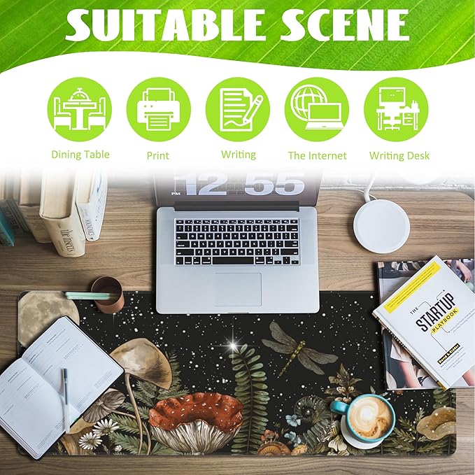 Eflxamz Large Gaming Mouse Pad for Desk,Cute Forest Mushroom Desk Mat,Starry Night Mushroom Desk Pad,Extended Big Computer Keyboard Mouse Pad with Non-Slip Base and Stitched Edge,31.5"x11.8"