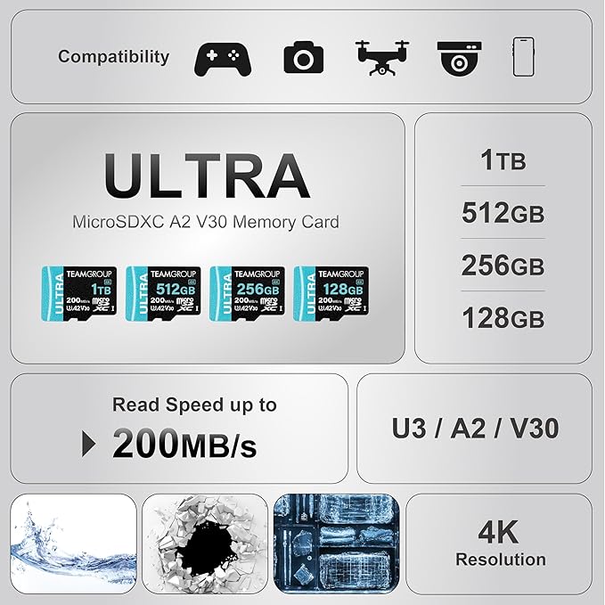 TEAMGROUP A2 Ultra Card 512GB MicroSDXC UHS-I U3 A2 V30, R/W up to 200/170MB/s for Nintendo Switch 1, Steam Deck, Gaming Devices, Tablets, Smartphones, 4K Shooting, with Adapter TULMSDX512GIA2V3022503