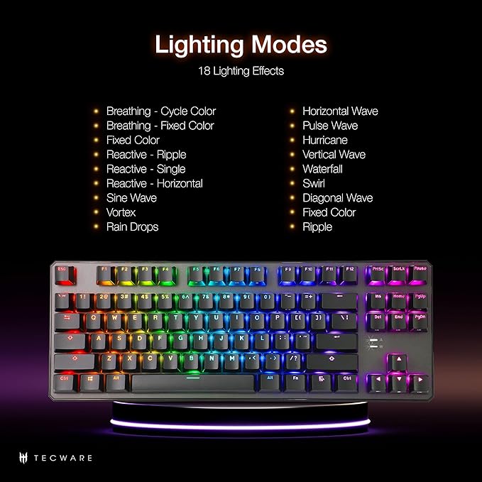 TECWARE Phantom+ 87 Mechanical Gaming Keyboard | RGB LED Backlit | Hot Swappable Wraith Brown Switches | 87 Key TKL Layout | Thocky Sound Profile | Detachable USB-C Wired | Black