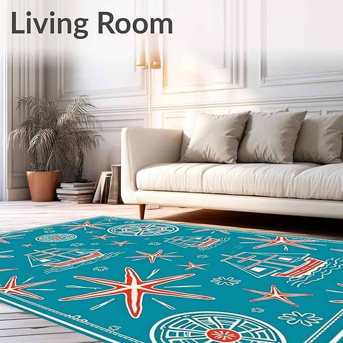 Flatwoven High Traffic Area Rug 6x9, Oceanic World Map with Starfish and Sailing Vessel Illustrations, Non Slip, Stain Resistant, Washable Area Rugs for Living Room, Bedroom (Blue, 6x9)