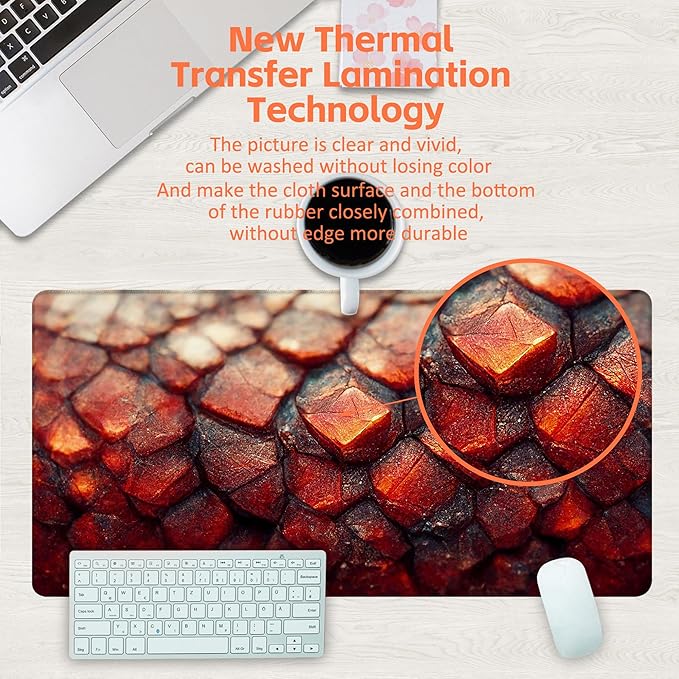 KOAIWPAE Desk Mat, Red Fire Dragon Scales Desk Pad, Cool Dragon Large Gaming Mouse Pad for Desk, 31.5"x15.7" Extended Big Computer Keyboard Mouse Pad with Non-Slip Base and Stitched Edge