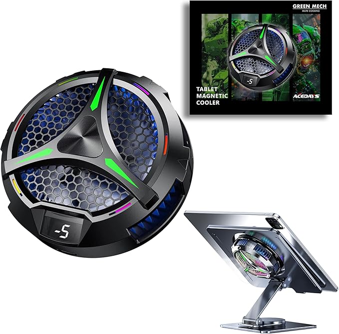 ACEDAYS Magnetic Cooler for iPad,Tablet Cooler for ipad/Surface pro/Samsung Tab,Universal Radiator with Temperature Display for Mobile Gaming,Tiktok Live Streaming(Including Tablet Stand Holder)