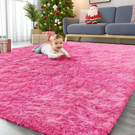 OLANLY 8x10 Machine Washable Large Area Rugs for Living Room, Bedroom, Soft Fluffy Shaggy Bedside Rug, Indoor Floor Carpet for Kids Girls and Boys, Dorms, Nursery, Home Decor Aesthetic, Hot Pink