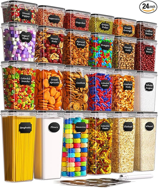 Airtight Food Storage Containers with Lids, 24 PCS Kitchen and Pantry Organization Canisters, BPA-Free, PVC-Free, Food-grade Plastic Leak-proof Jars for Cereal, Flour, Sugar, Extra 24 Labels & Marker