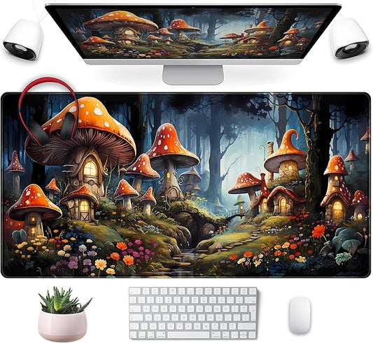 Cute Anime Mushroom Desk Pad Floral Desk Mat, XXL Large Extended Mousepad Gaming Mouse Pad Computer Mat with Stitched Edges, Fantasy Office Decor Laptop Keyboard and Mouse Mat, 31.5x15.75 in