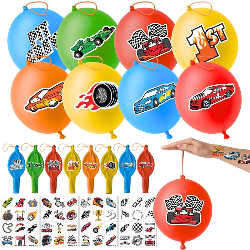 72PCS Race Car Party Favors for Kids - Car-Themed Party Supplies with 48 Pre-cut Temporary Tattoos & 24 Punch Balloons, Birthday Gifts, Goodie Bag Fillers, Classroom Rewards & Decorations