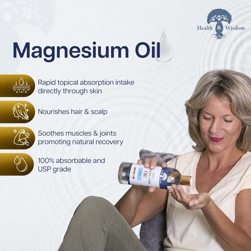 Health & Wisdom Pure Magnesium Oil - Topical Muscle & Joint Relief- Natural and Pure USP Grade Extra Strength Magnesium - Enhanced Absorption - Spray - 12 fl oz