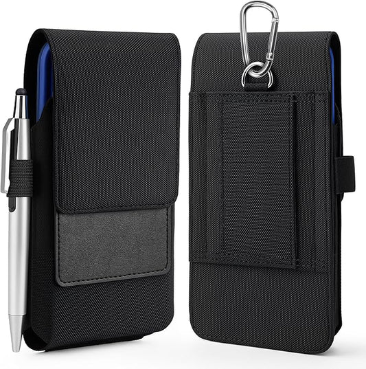 BECPLT for iPhone 16/15/14/13/12 Pro & Galaxy S24/S23/S22/S21 - Nylon Phone Holster with Belt Clip, Loops - Black
