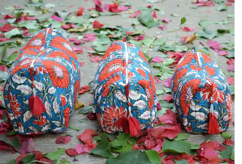 INDACORIFY 100% Cotton Block Print Cosmetic Toiletry Bags Boho Beauty Toiletry Kits Travel Case Pouch for Women's Printed Cotton Tote Bag (Pattern- 3)