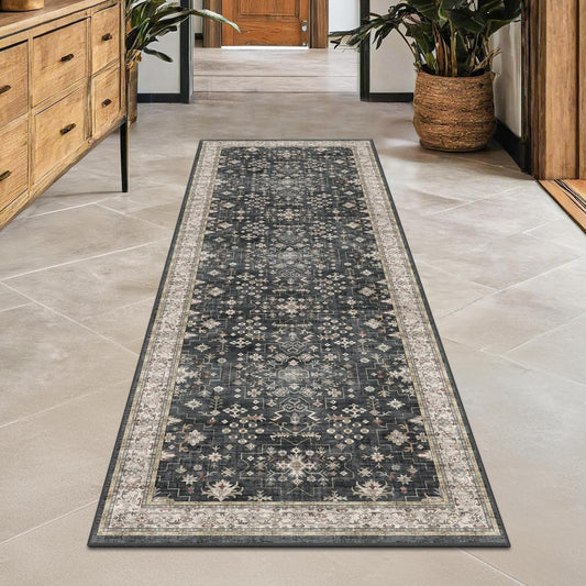 Skiennix Black Boho Runner Rug - Washable, Non-Slip, Stain Resistant | 2x6 ft for Hallway, Kitchen, Bedroom