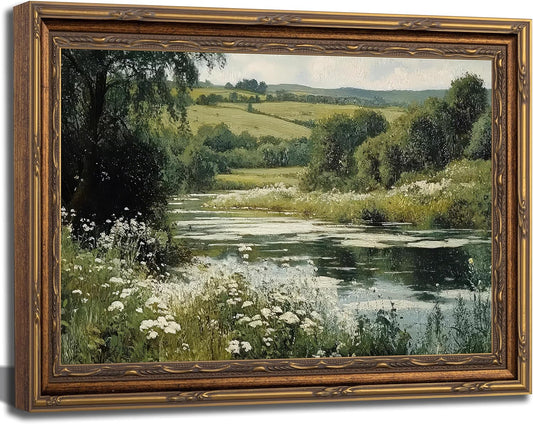 Vintage Gold Framed River Wall Art - Green Nature Landscape Canvas Print | Rustic Wildflower Decor 24x16in