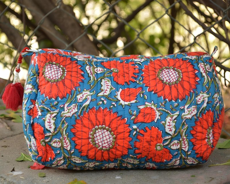 INDACORIFY 100% Cotton Block Print Cosmetic Toiletry Bags Boho Beauty Toiletry Kits Travel Case Pouch for Women's Printed Cotton Tote Bag (Pattern- 3)