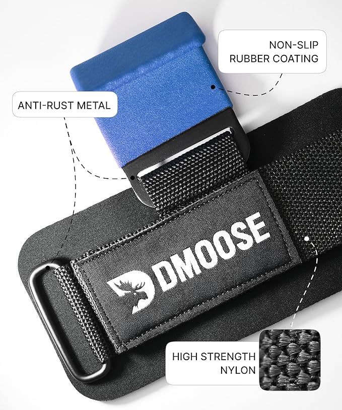 DMoose Fitness Weight Lifting Hooks (Pair) for Deadlifts, Pull Ups, Rows & Shrugs - Anti-Rip Nylon Strap Hand Grips with Thick Wrist Padding - Heavy Duty Wrist Straps for Weightlifting (Blue)