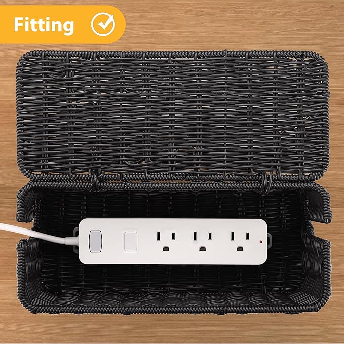 ZhiYo Rattan Cable Management Box, Black Cord Organizer, 12.5" x 5" x 5.2"