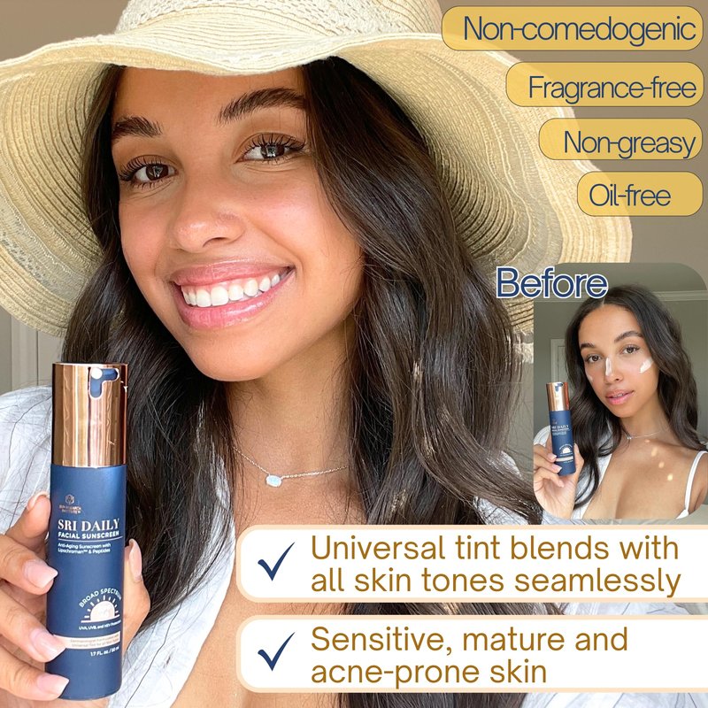 SRILabs Daily Facial Sunscreen - SPF 40 - Anti-Aging with Lipochroman & Peptides - Transparent Zinc Oxide - Universal tint & Weightless - 1.7 OZ