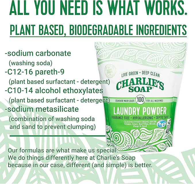 Charlieâs Soap Laundry Powder (100 Loads, 6 Pack) Hypoallergenic Deep Cleaning Washing Powder Detergent â Eco-Friendly, Safe, and Effective