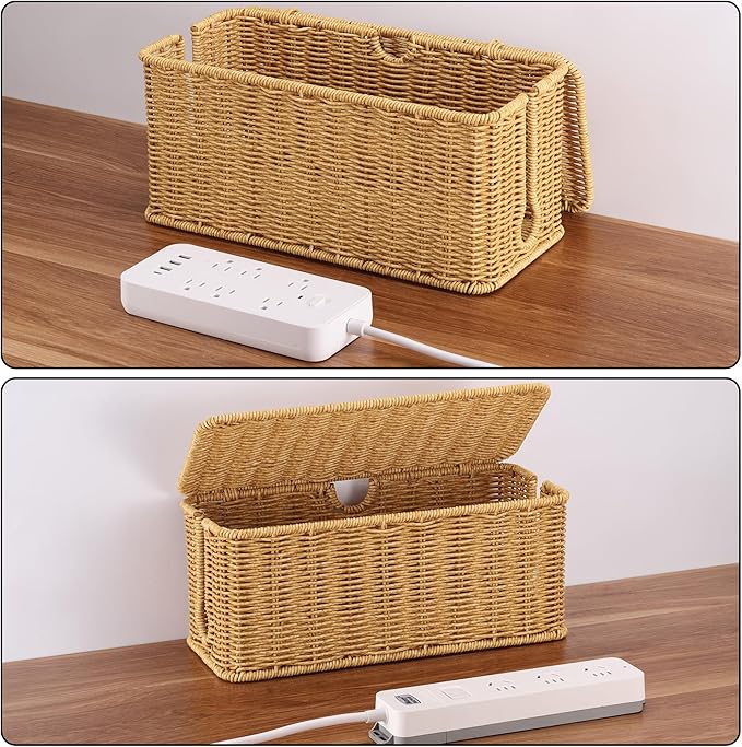 ZhiYo Rattan Cable Management Box, Brown Desk Cord Organizer, 2 Pack (M&L)