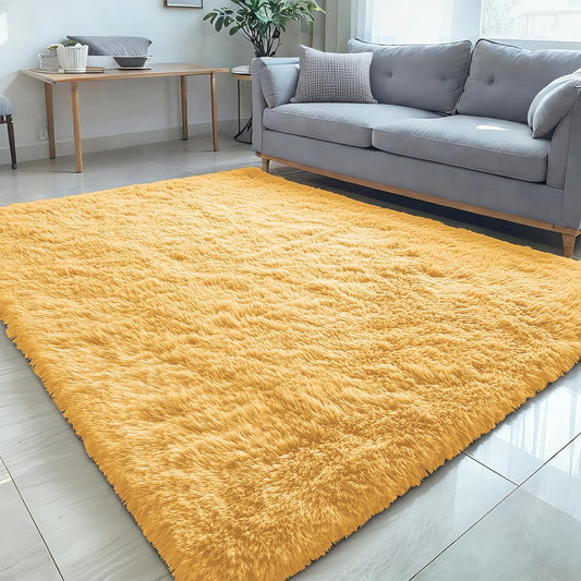 OLANLY Large 5x8 Machine Washable Area Rug - Soft Fluffy Shaggy Carpet for Living Room & Bedroom | Mustard Yellow