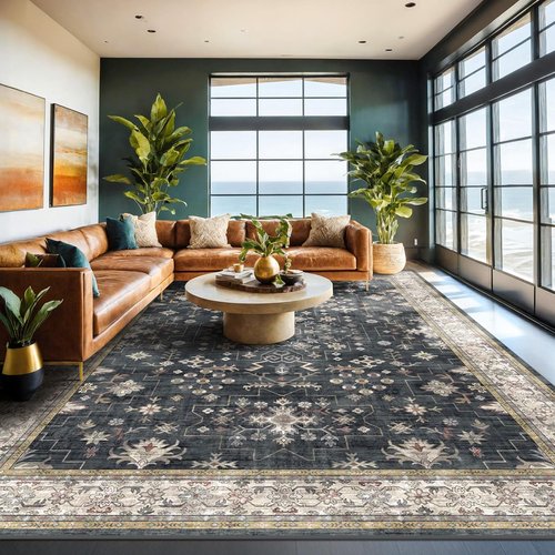 Boho Black Rug - Washable 10x14 Area Rug for Living Room & Dining Room | Soft Low Pile, Non-Slip, Stain Resistant