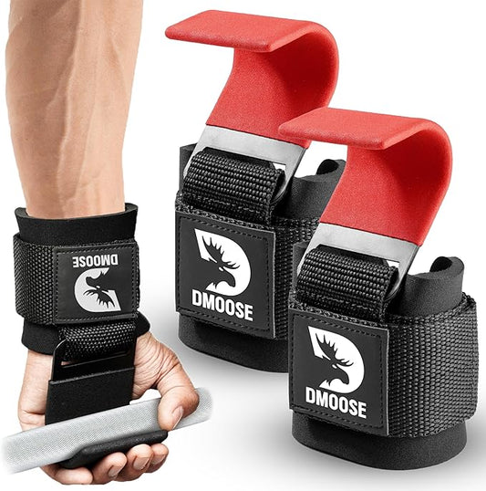 DMoose Fitness Weight Lifting Hooks (Pair) for Deadlifts, Pull Ups, Rows & Shrugs - Anti-Rip Nylon Strap Hand Grips with Thick Wrist Padding - Heavy Duty Wrist Straps for Weightlifting (Red)