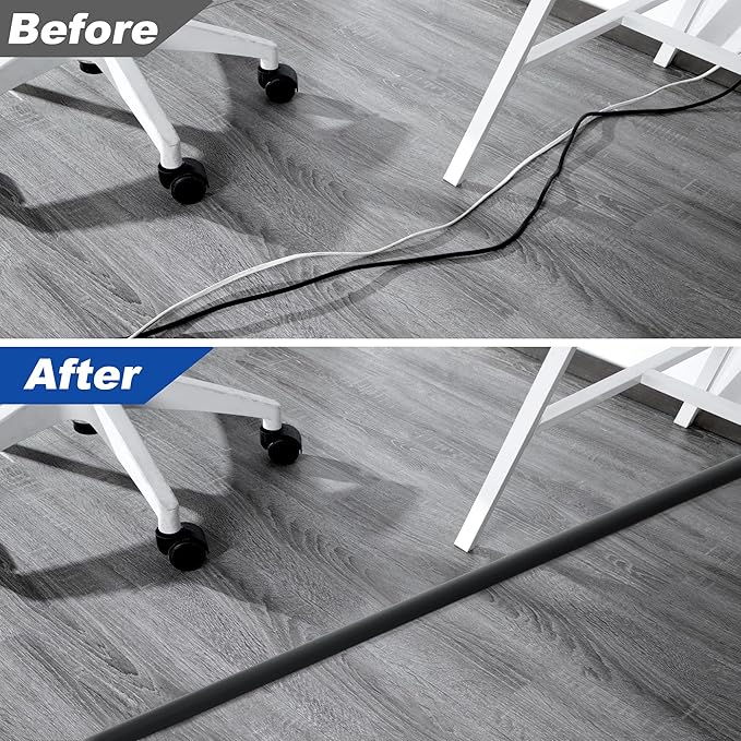 LZEOY 6ft Heavy Duty Cord Hider for Floor, Black Cable Management Cover, Hide Electrical Wires, Protector With 0.78" W x 0.32" H Cable Cavity