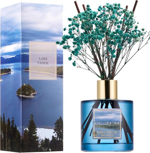 COCORRÍNA Reed Diffuser - Lake Tahoe 6.7 Fl. Oz Set with 8 Sticks & Preserved Baby's Breath | Home Decor