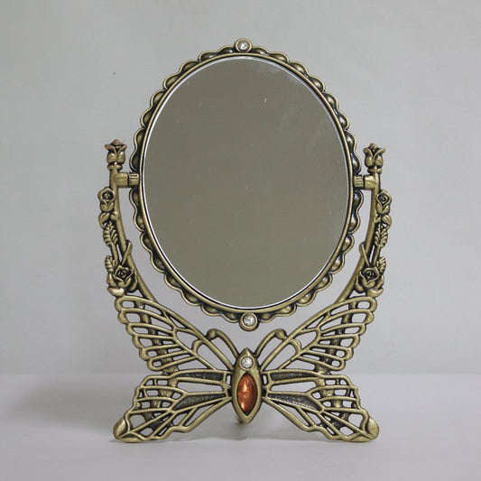SEHAMANO Vintage Antique Butterfly Patterned Metal Frame Makeup Table Mirrors, Decorative Oval Shaped Stand Mirror, Vanity Cosmetic Double Sided Rotatable Ellipse Mirror (Brass (Matt Gold), Medium)
