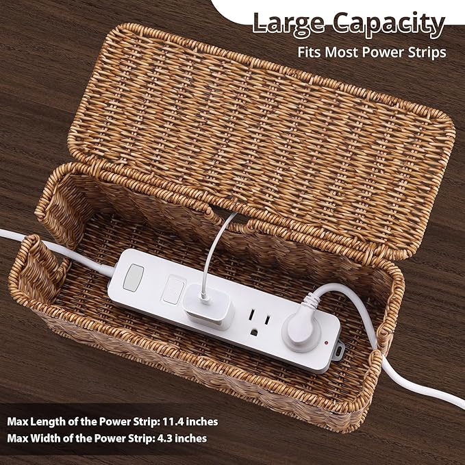 ZhiYo Rattan Cable Management Box, Speckled Brown, 12.5" x 5" x 5.2"