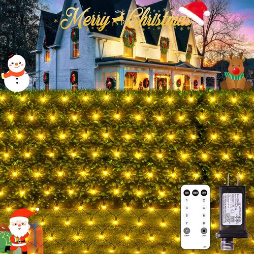 JMEXSUSS 360 LED Christmas Net Lights - Waterproof, Connectable 12ft x 5ft with Remote | Warm White Mesh Lights for Outdoor Decorations