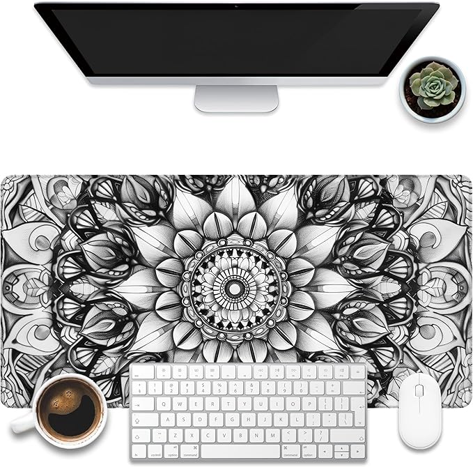 KOAIWPAE Large Gaming Mouse Pad for Desk, Black and White Mandala Desk Mat, Mandala Flower Desk Pad, 31.5"x15.7" Extended Big Computer Keyboard Mouse Pad with Non-Slip Base and Stitched Edge