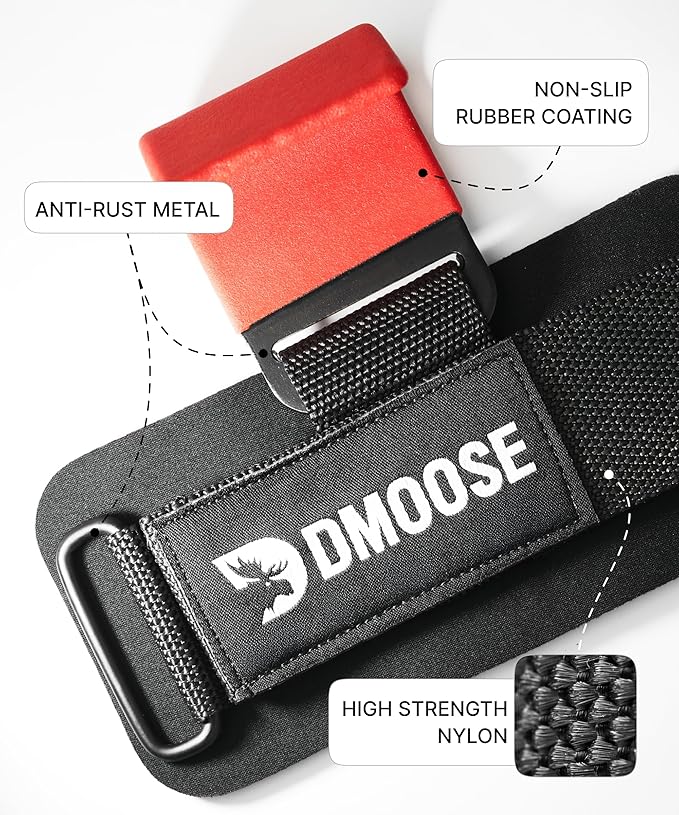 DMoose Fitness Weight Lifting Hooks (Pair) for Deadlifts, Pull Ups, Rows & Shrugs - Anti-Rip Nylon Strap Hand Grips with Thick Wrist Padding - Heavy Duty Wrist Straps for Weightlifting (Red)