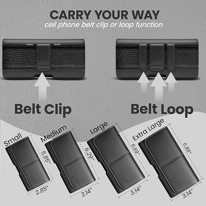 Wireless City Leather Phone Holster for iPhone 17/17 Pro 16/16 Pro/16e 15/15 Pro 14/14 Pro 13/13 Pro 12/12 Pro 11 XR Horizontal Belt Clip & Loop Phone Pouch Magnetic Closure Phone Holder for Men Black