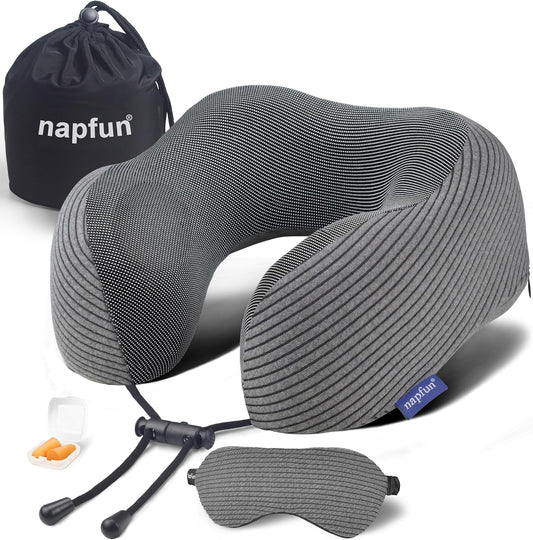 Napfun Neck Pillow - Memory Foam Travel Pillow with Sleep Mask & Earplugs | Dark Gray Striped Kit