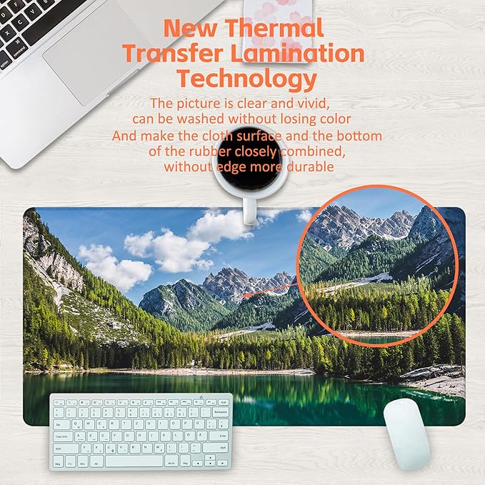KOAIWPAE Desk Mat, Lake Mountain Landscape Desk Pad, The Alps Large Gaming Mouse Pad for Desk, 31.5"x15.7" Extended Big Computer Keyboard Mouse Pad with Non-Slip Base and Stitched Edge