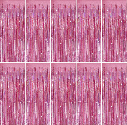 Skiennix Tinsel Curtain Backdrop - Pink Glitter Foil Fringe for Birthday, Wedding & Party Decor | 10 Packs