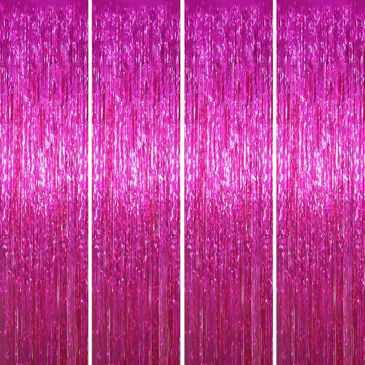 Voircoloria Pink Foil Fringe Backdrop Curtains - 4 Pack Tinsel Streamers for Parties & Events