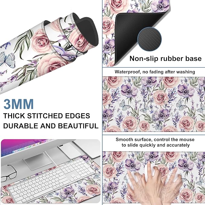 NITAHHHY Gaming Desk Pad Large Extra Length Lavender, Roses and Anemone Mouse Pad Keyboard Laptop Non-Slip Waterproof with Rubber Base Thick Stitched Edge Mouse Mat for Office Home 35.4 x 15.7 Inches