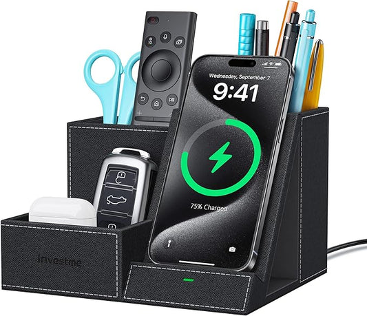 Investme Wireless Charger with Desk Organizer, Pen Pencil Holder, Multifunctional Desktop Organizer, Office Supplies and Desk Accessories Organizer with 3 Compartments and 1 Phone Stand