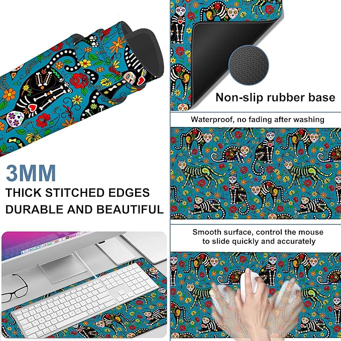 NITAHHHY Sugar Skull Black Cats Gaming Mouse Pad 3mm Thick Stitched Edge Waterproof Non-Slip Large Computer Keyboard Mouse Mat,Suitable for Office Entertainment Decorative Desk Pad 35.4 x 15.7 Inches