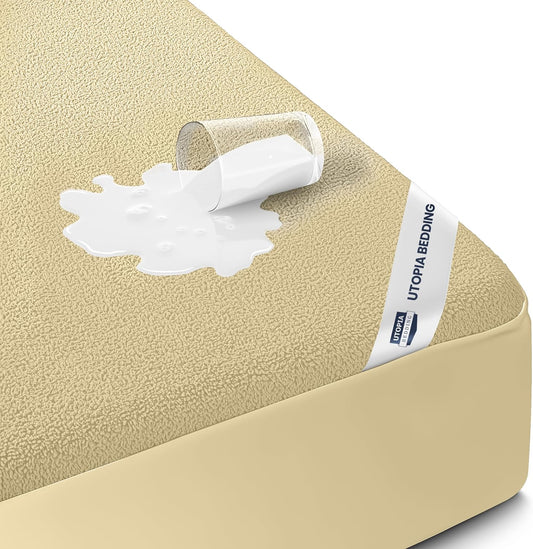 Utopia Bedding Twin XL Mattress Protector - Waterproof Terry Cover with Deep Pockets | Soft & Breathable Beige